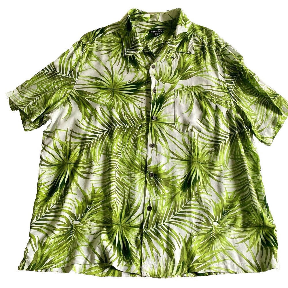Green Mens Hawaiian Shirt 2X Palm Resort Tropical Rayon Aloha Cruise George
